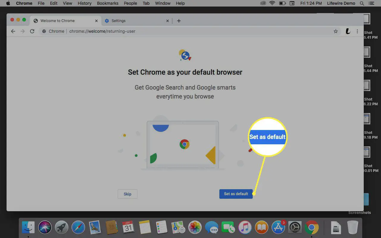Solicitação do Google para definir o Chrome como padrão.