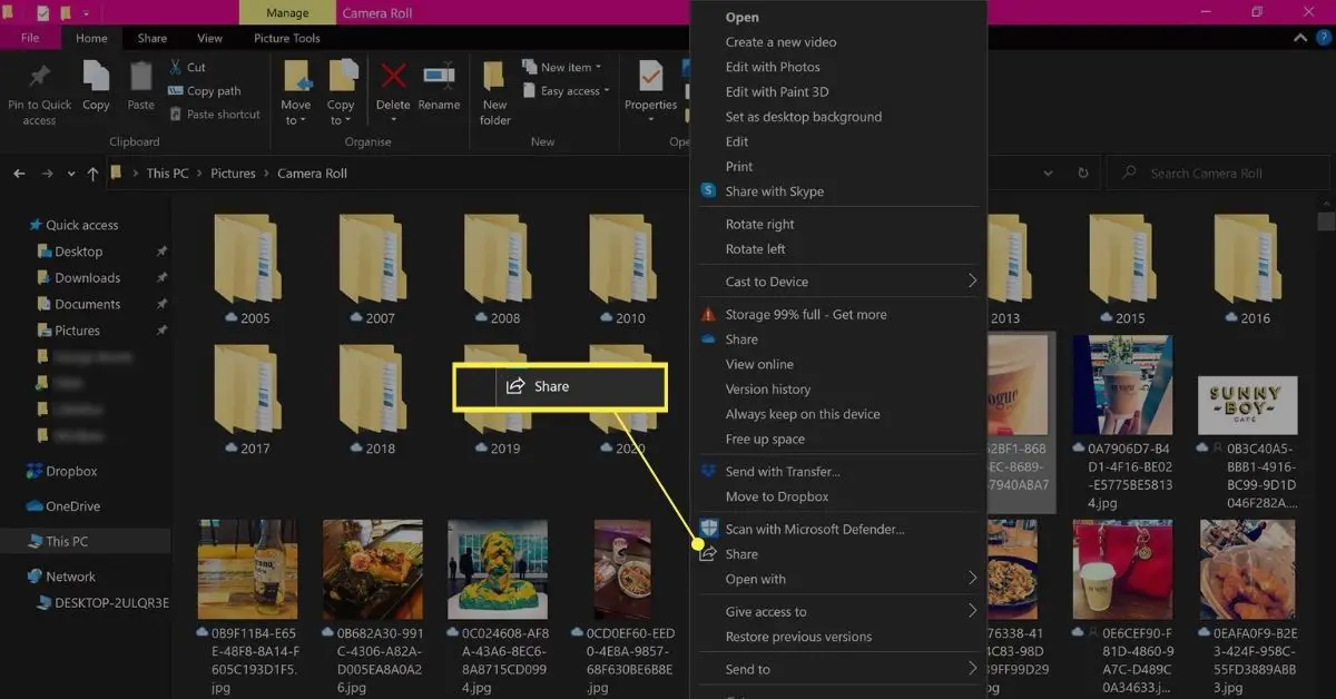 Opções de compartilhamento para arquivos no Windows 10.