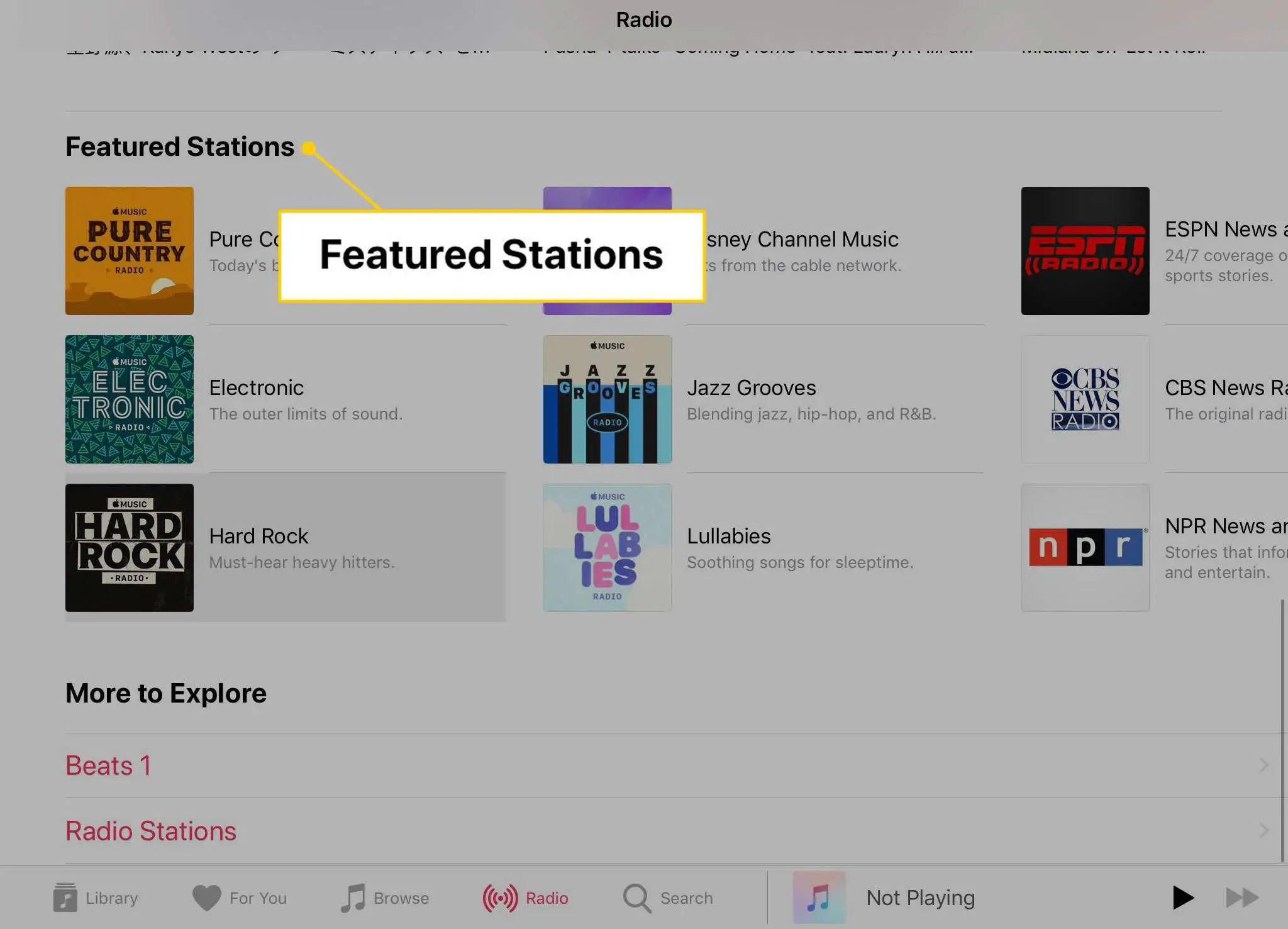 Seção de estações em destaque no aplicativo iOS Music