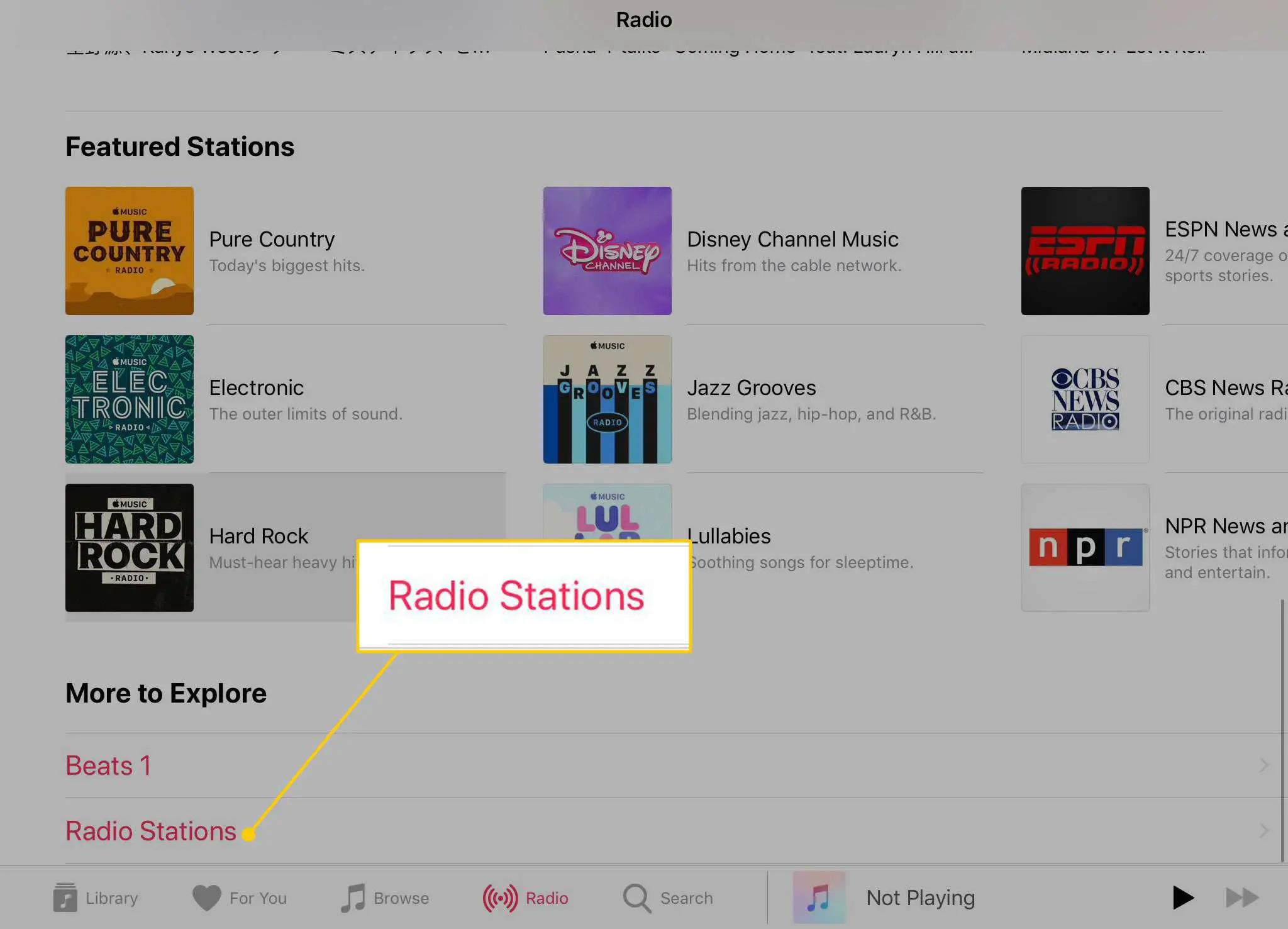 Seção de estações de rádio no aplicativo iOS Music