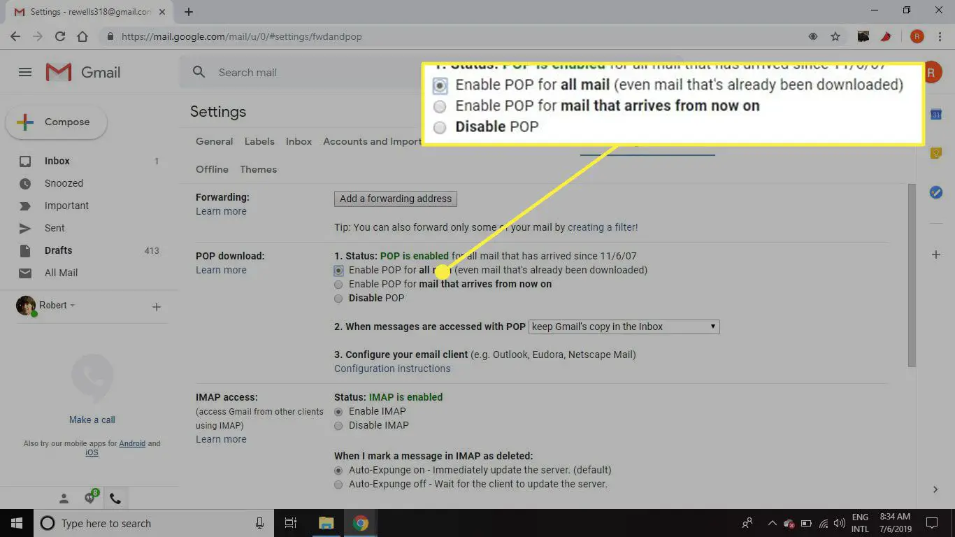 Uma captura de tela das configurações POP do Gmail com as opções de download POP em destaque