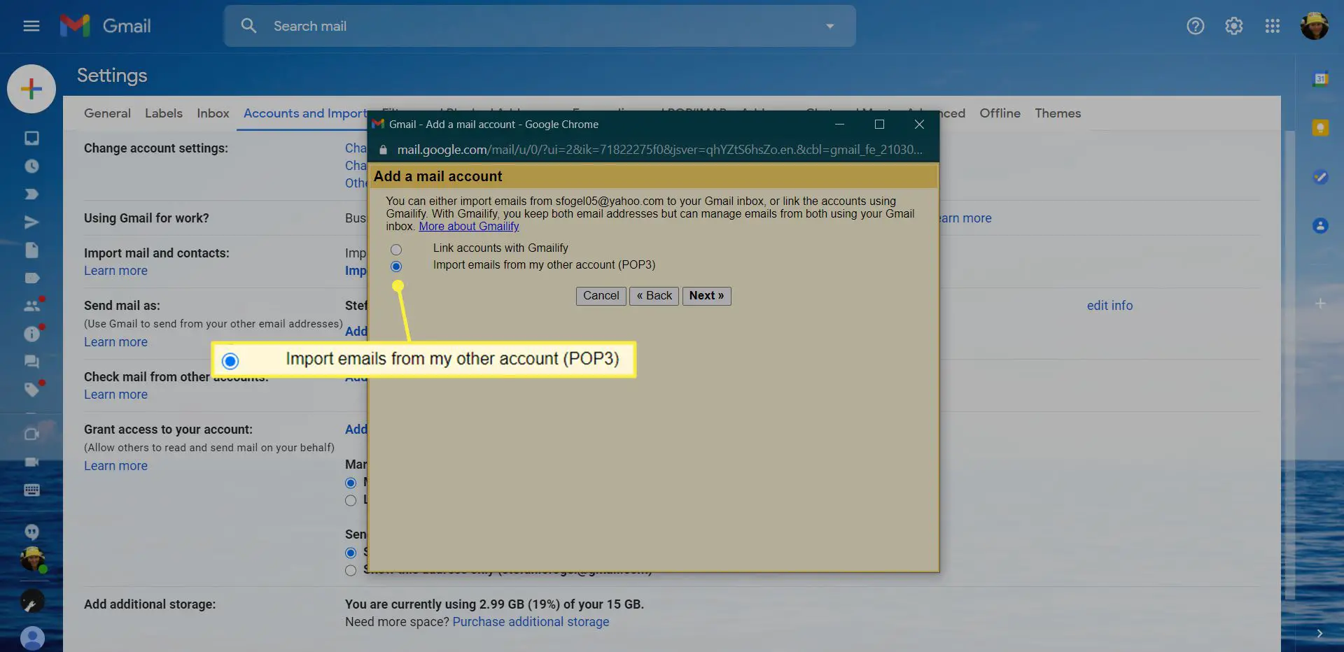 A tela Adicionar uma conta de e-mail no Gmail com 'Importar e-mails de minha outra conta (POP3) destacado