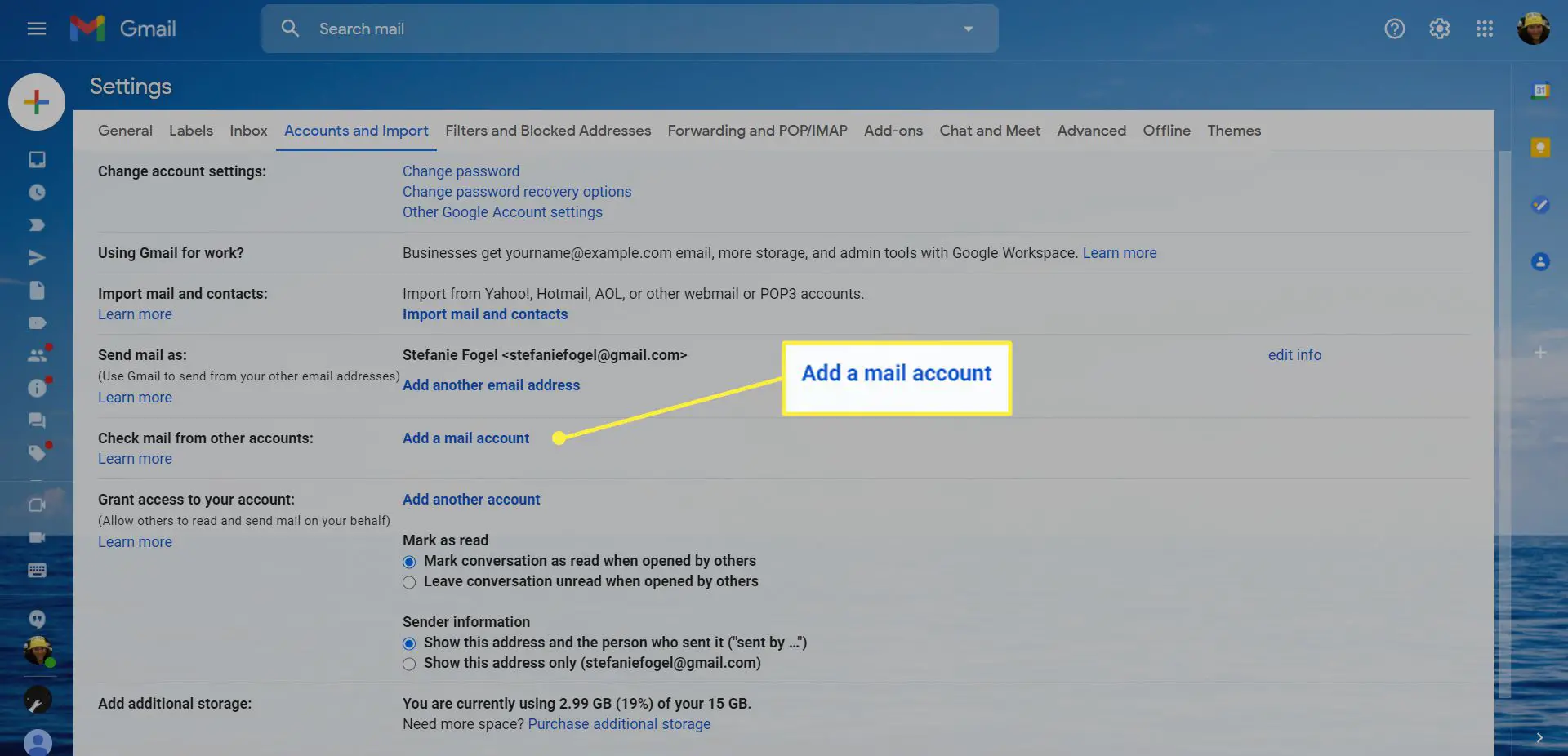 Configurações do Gmail com a opção 'Adicionar uma conta de e-mail' destacada