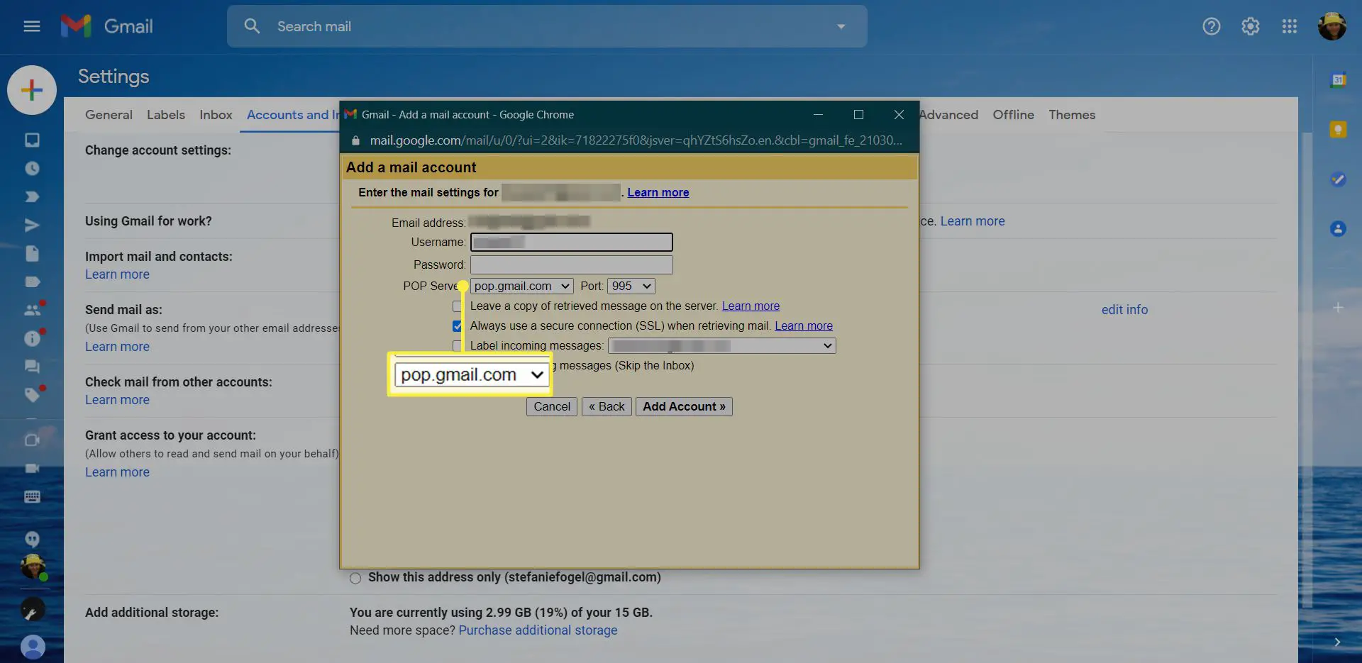Gmail Adicionar configurações de conta de e-mail com o servidor POP destacado