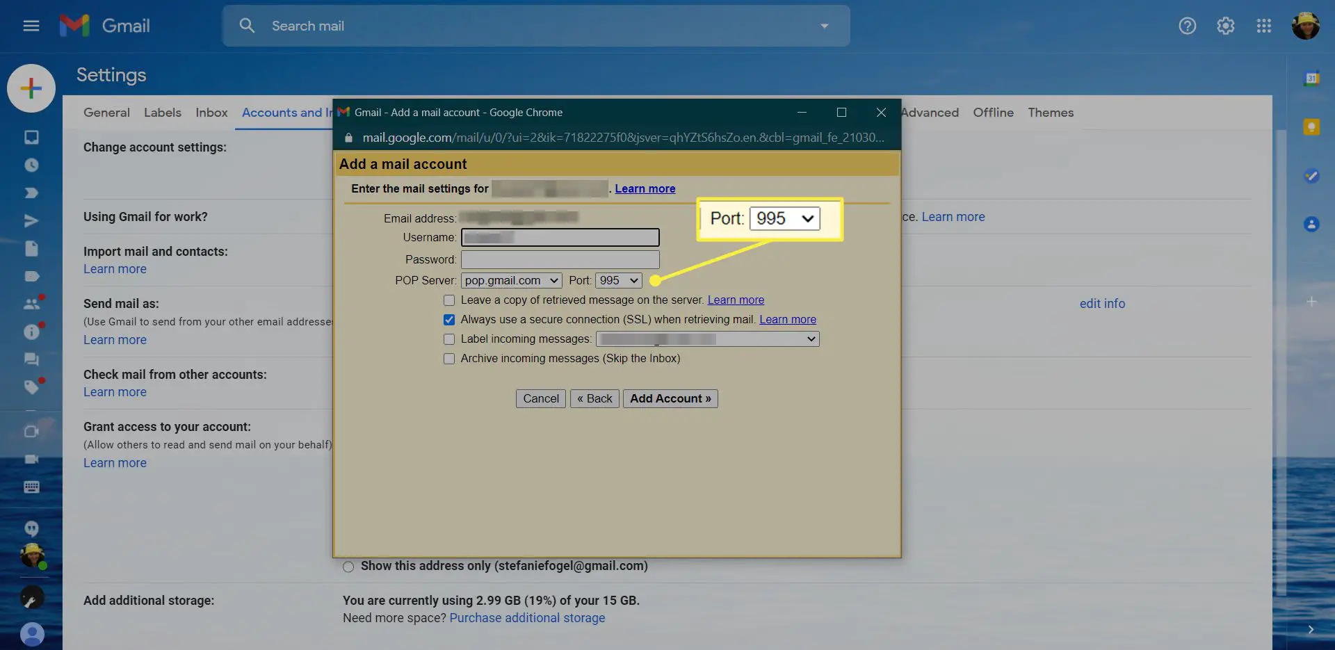 Gmail Adicionar configurações de conta de e-mail com a opção Porta destacada