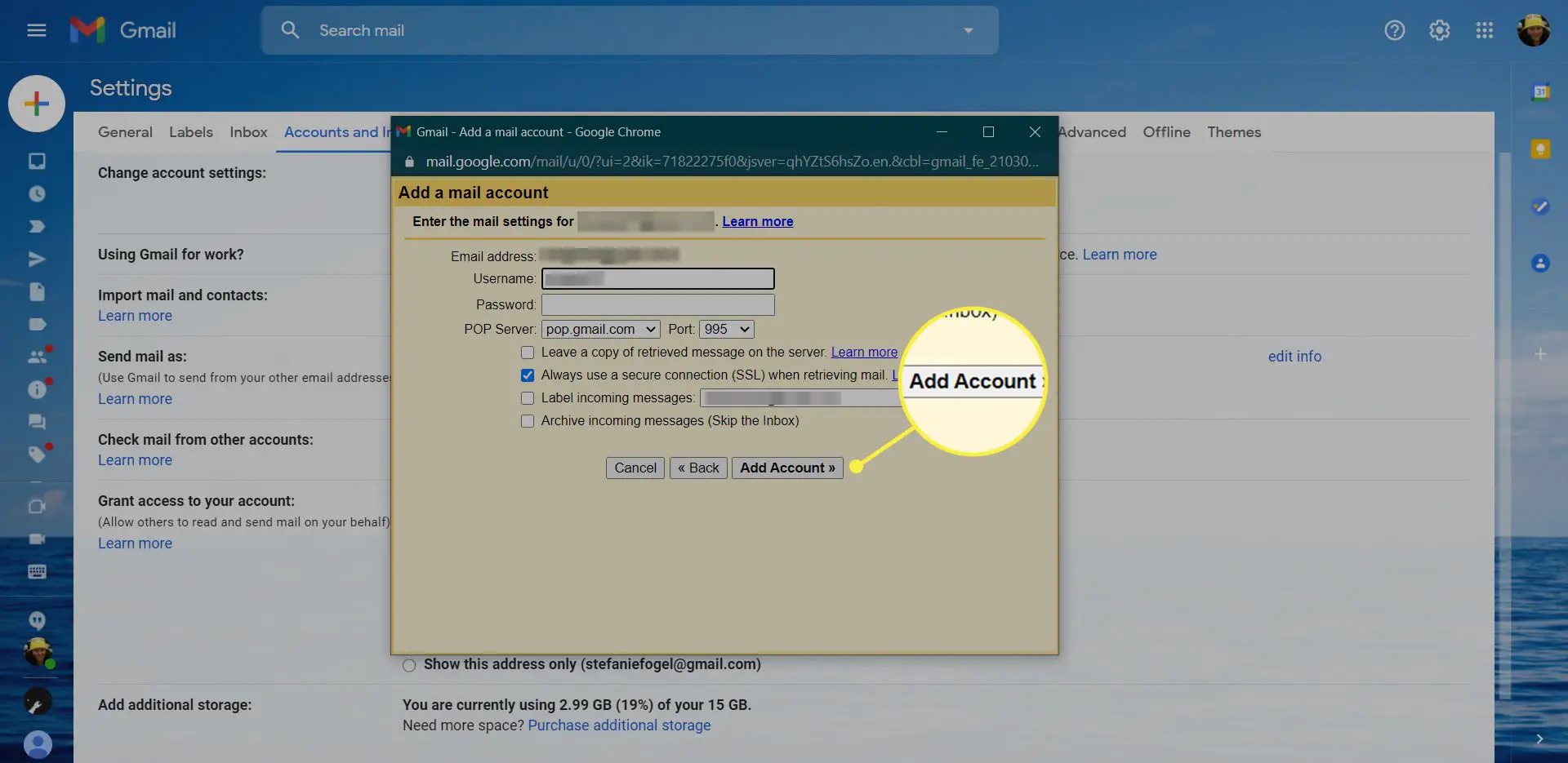 Gmail Adicione as configurações de uma conta de e-mail com o botão Adicionar conta destacado
