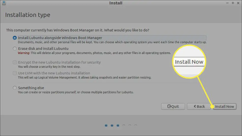 Escolha Instalar Lubuntu junto com o Gerenciador de inicialização do Windows e selecione Instalar agora.