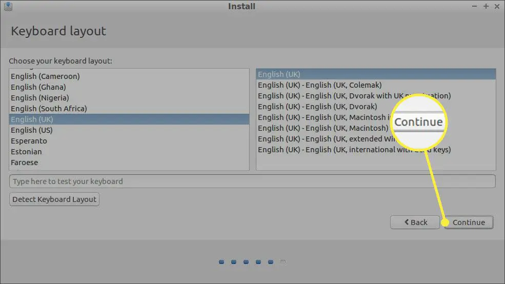 Selecione o idioma e o layout do teclado e selecione Continuar.