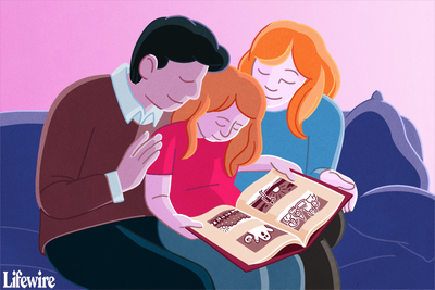 Uma família sentada em um sofá, olhando um álbum de fotos impresso
