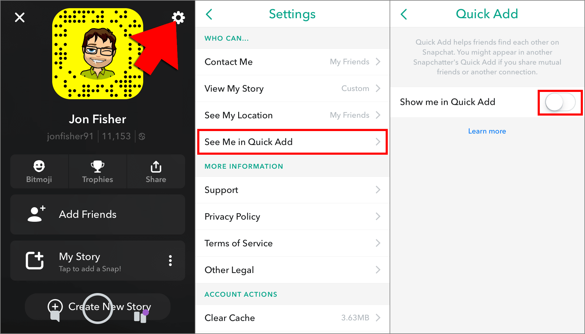 Ícone de configuração, tela de configurações e tela de adição rápida no Snapchat