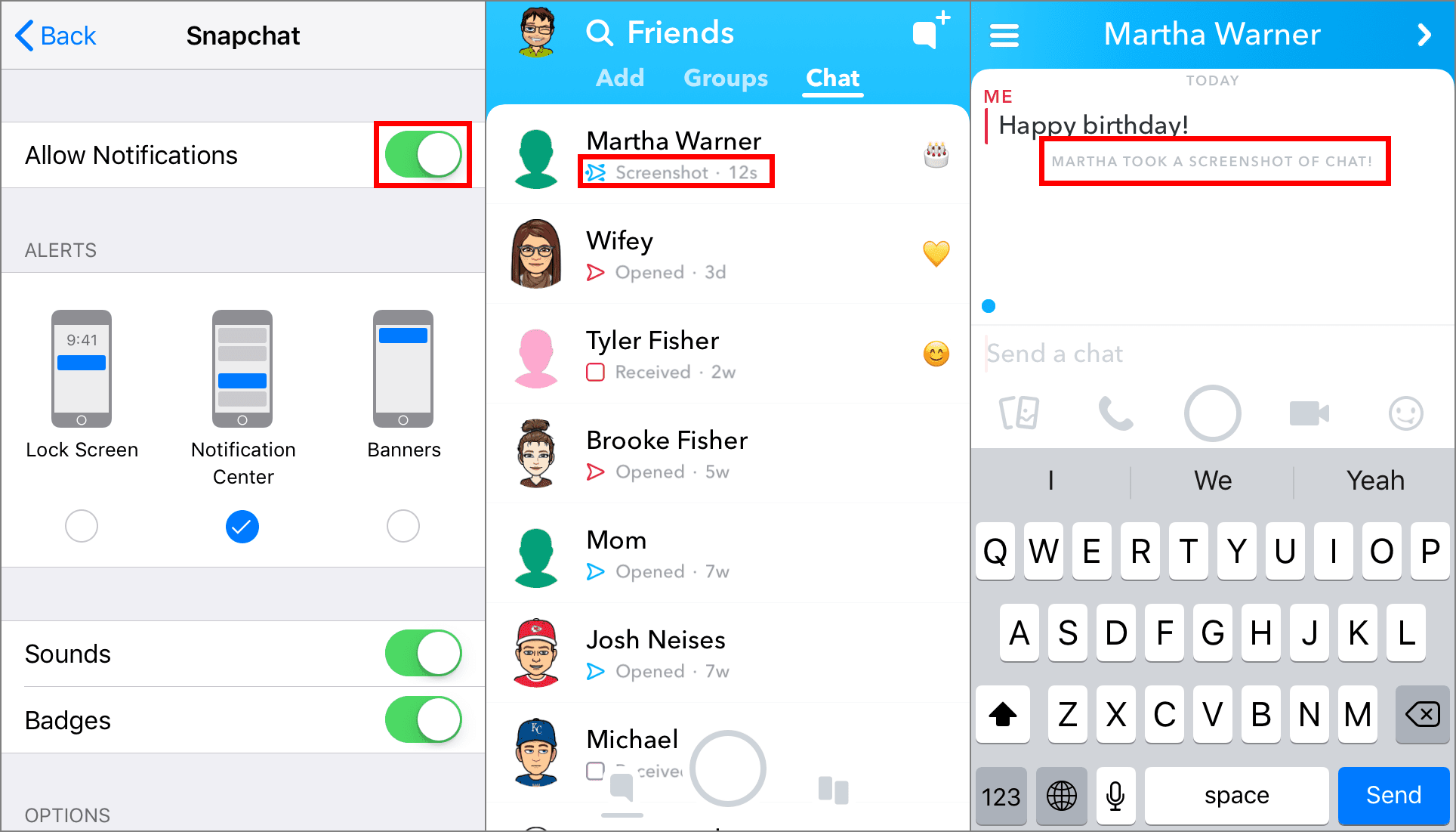 Permitir opção de notificações, notificação na lista de amigos e notificação em um bate-papo no Snapchat