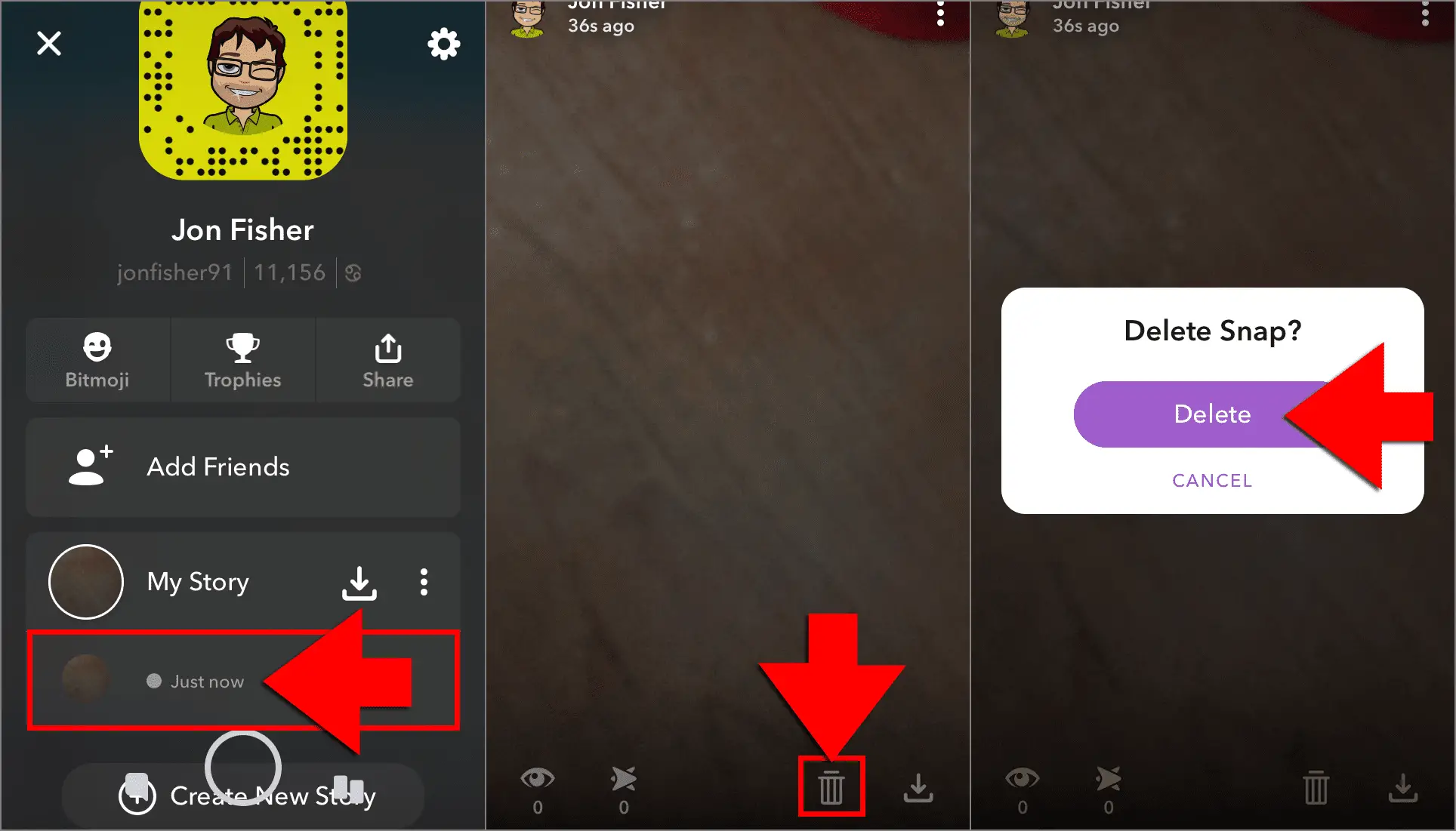 Seleção de bate-papo, ícone da lixeira e Excluir Snap?  janela no Snapchat