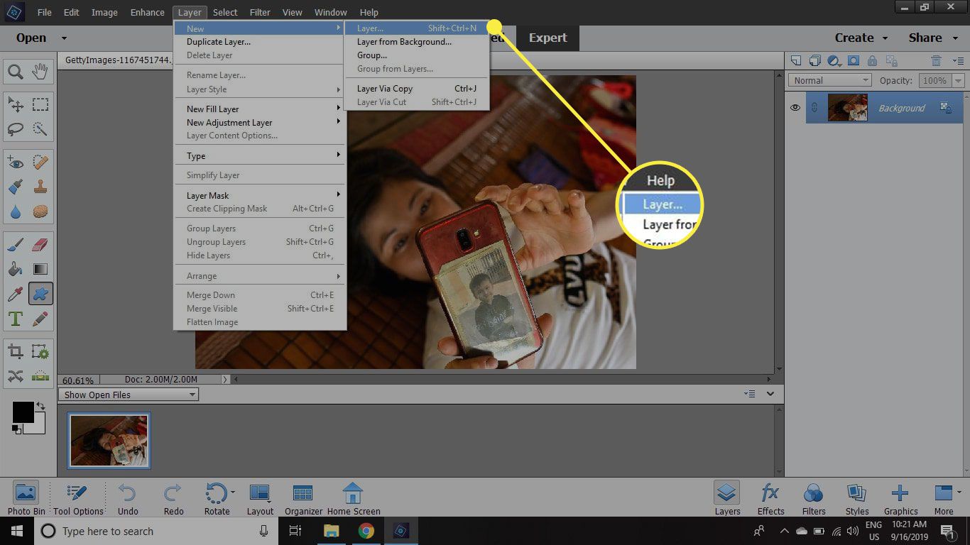 Uma captura de tela do Photoshop Elements com o comando New Layer destacado