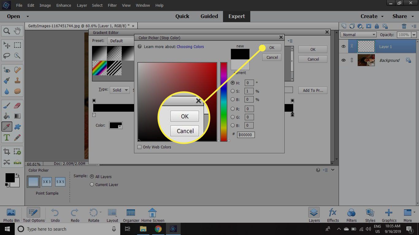 Uma captura de tela do Seletor de cores no Photoshop Elements com o botão OK destacado