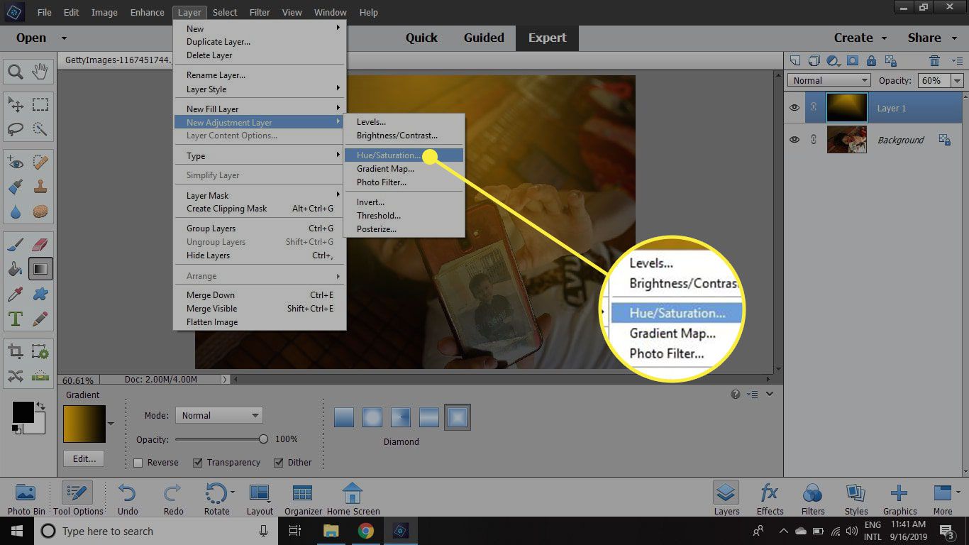 Uma captura de tela do Photoshop Elements com o comando Hue / Saturation Layer destacado