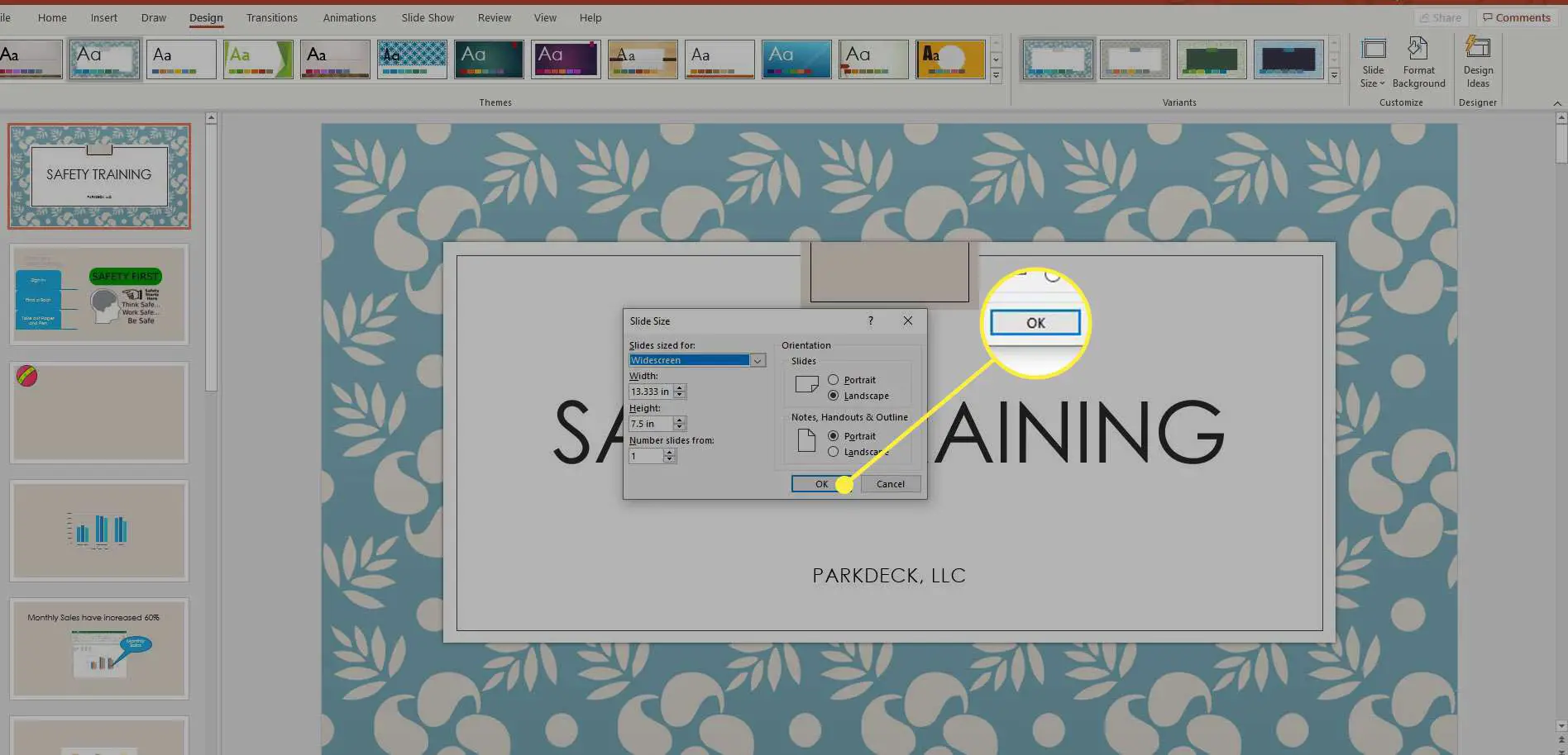 Uma captura de tela da janela Tamanho do slide do PowerPoint com o botão OK destacado