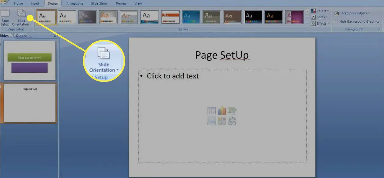 Uma captura de tela do PowerPoint com o botão Orientação do slide destacado
