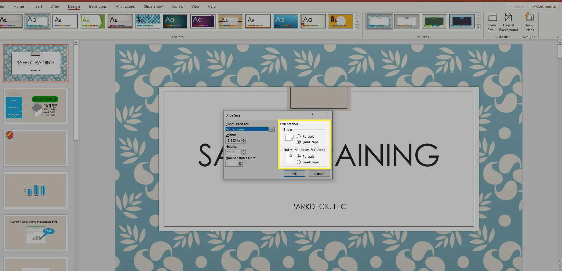 Uma captura de tela da janela Tamanho do slide do PowerPoint com a seção Orientação destacada