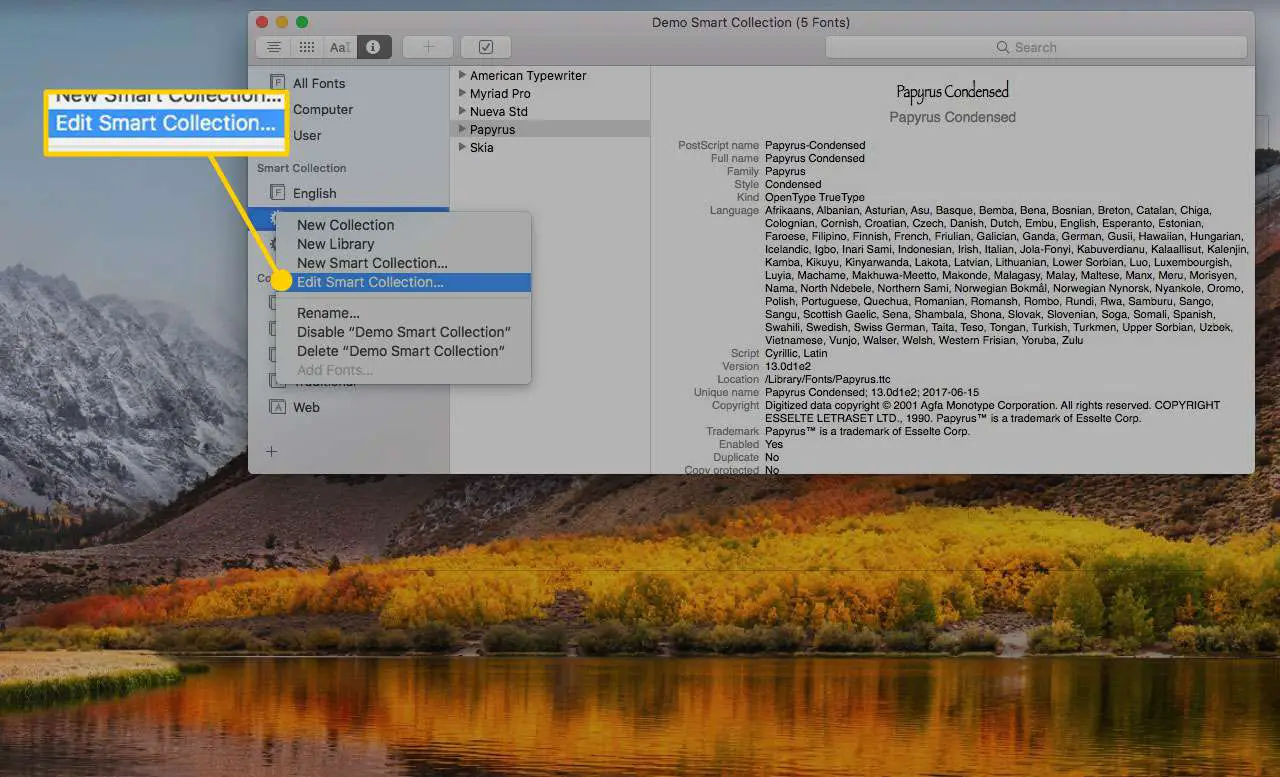 Catálogo de fontes em um Mac com a opção Editar coleção inteligente destacada