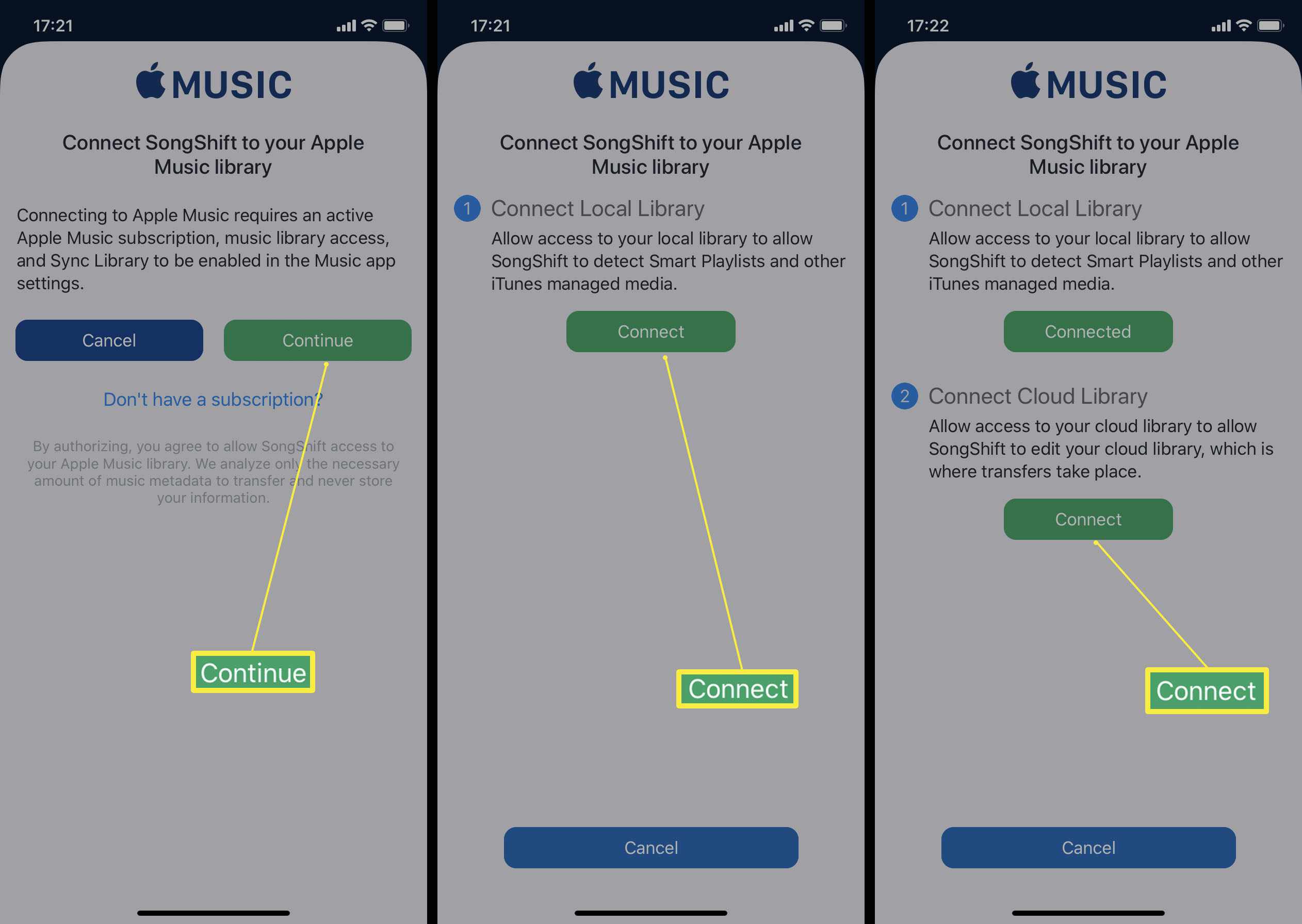 Etapas envolvidas no login no Apple Music por meio do aplicativo SongShift iOS