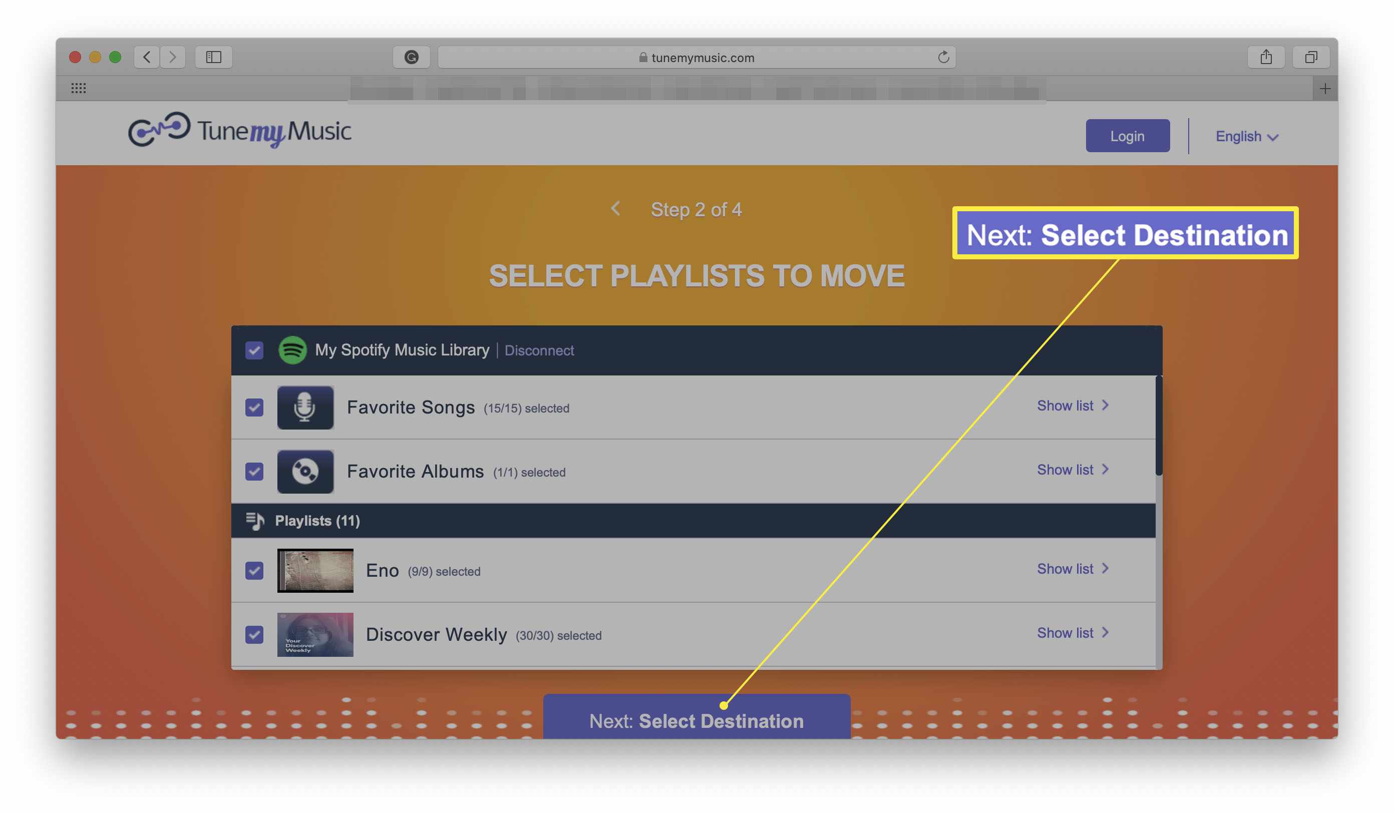 TuneMyMusic com Select Playlists to Move realçado