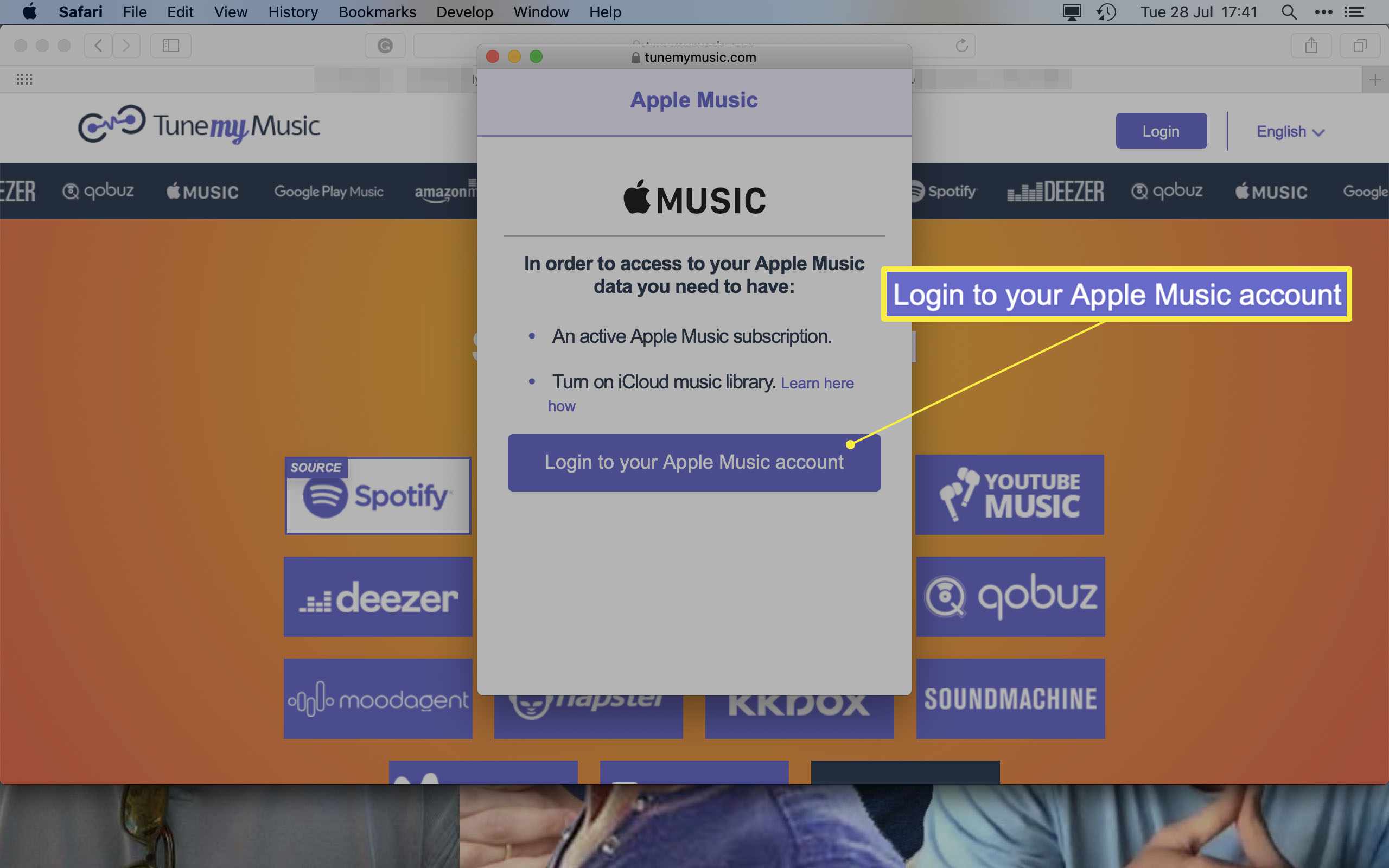 TuneMyMusic com Login em sua conta do Apple Music destacado