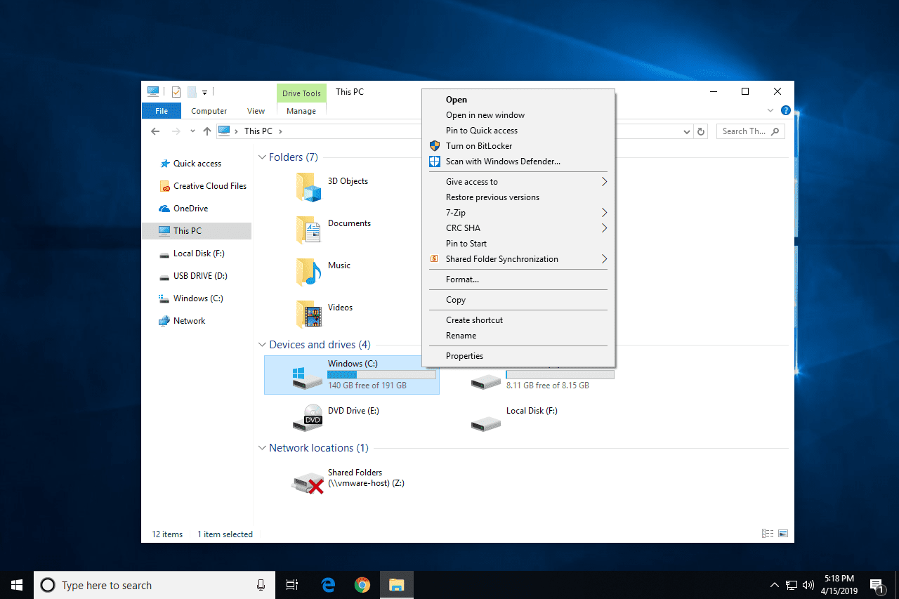 Opções de menu do disco rígido do Windows 10