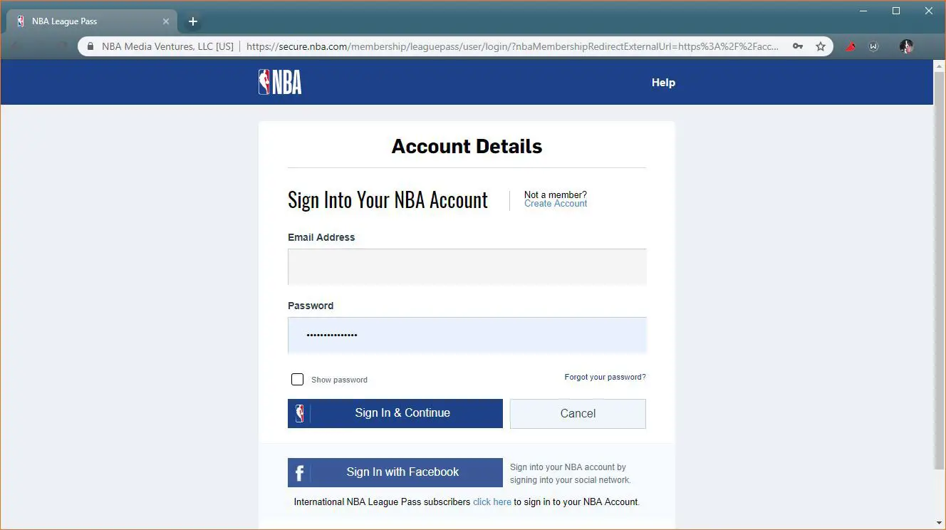 A tela de login do NBA League Pass.