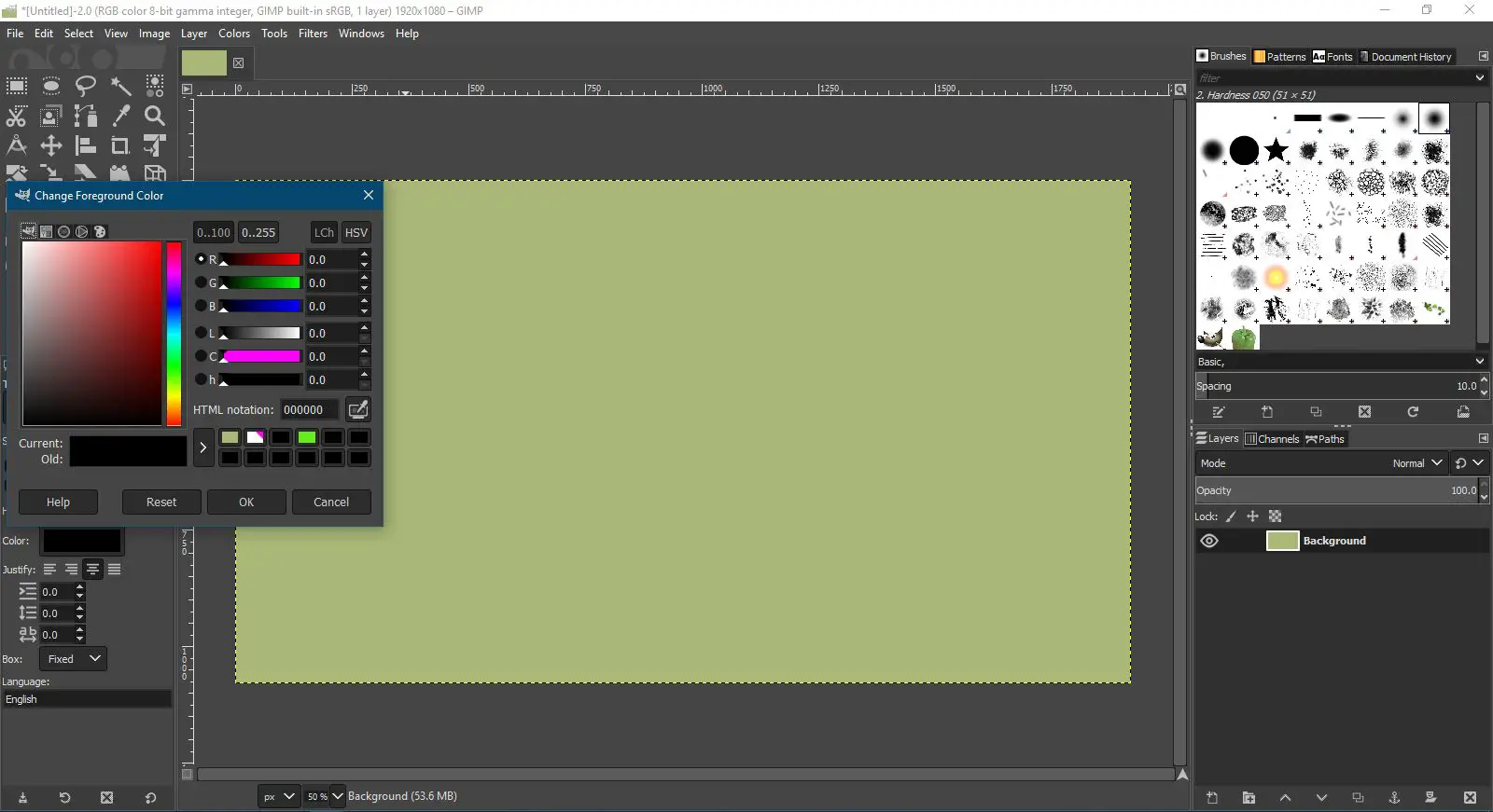 Alterando a cor do primeiro plano no GIMP.