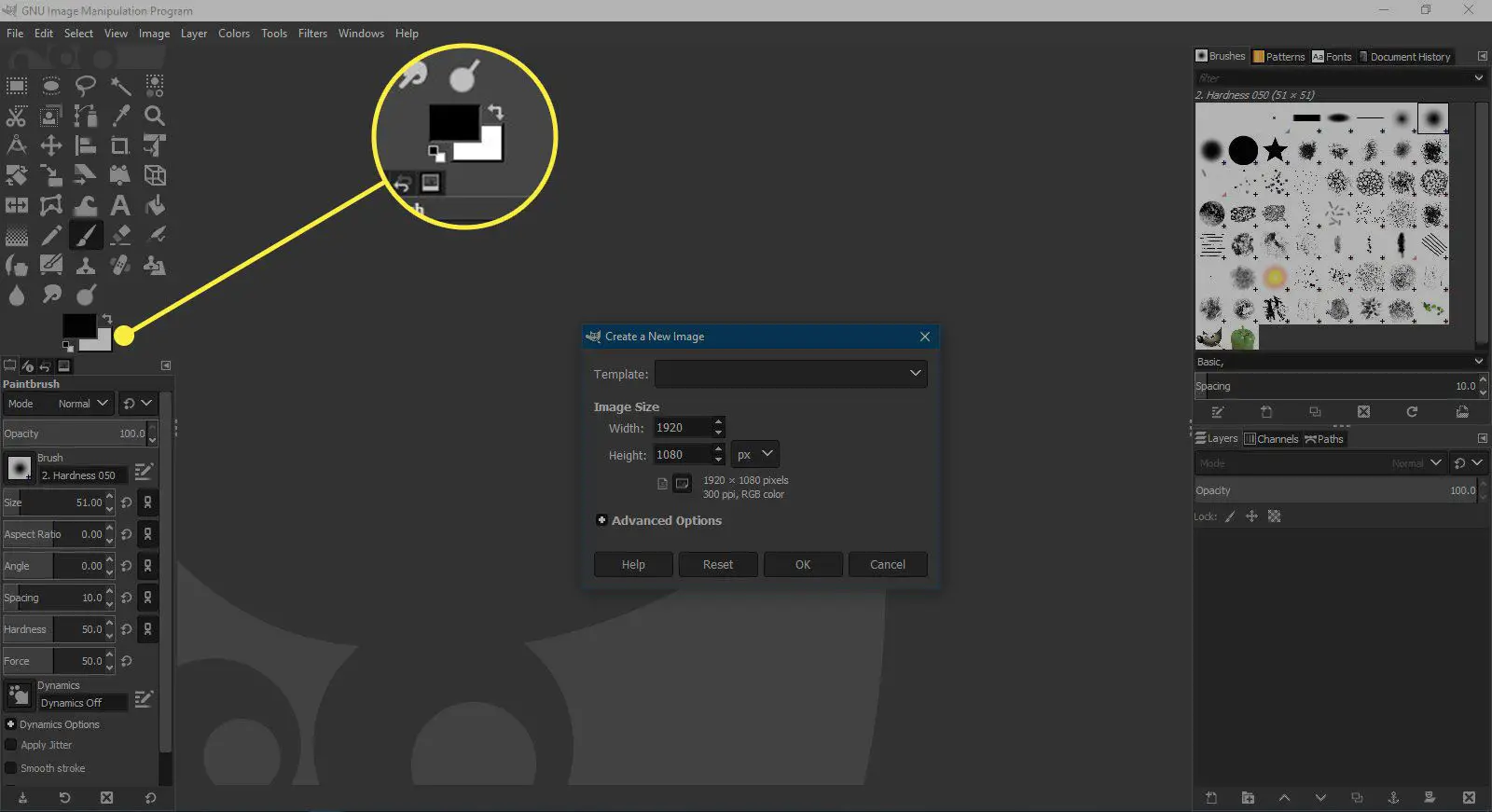 Uma captura de tela do GIMP com as caixas de cores de primeiro e segundo plano em destaque