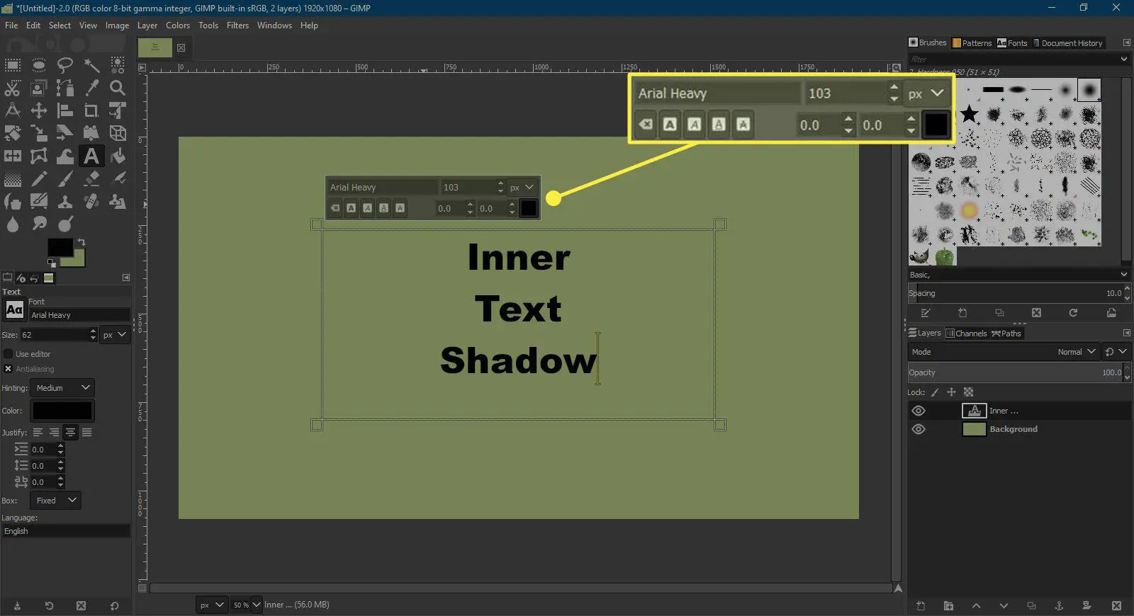 Uma captura de tela do GIMP com a paleta de ferramentas de texto destacada