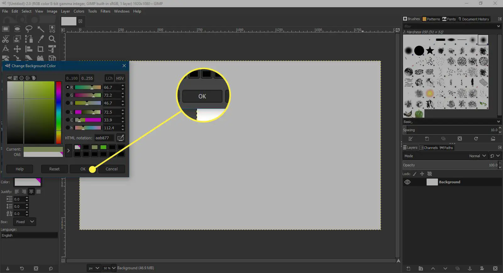 Uma captura de tela do seletor de cores do GIMP com o botão OK destacado