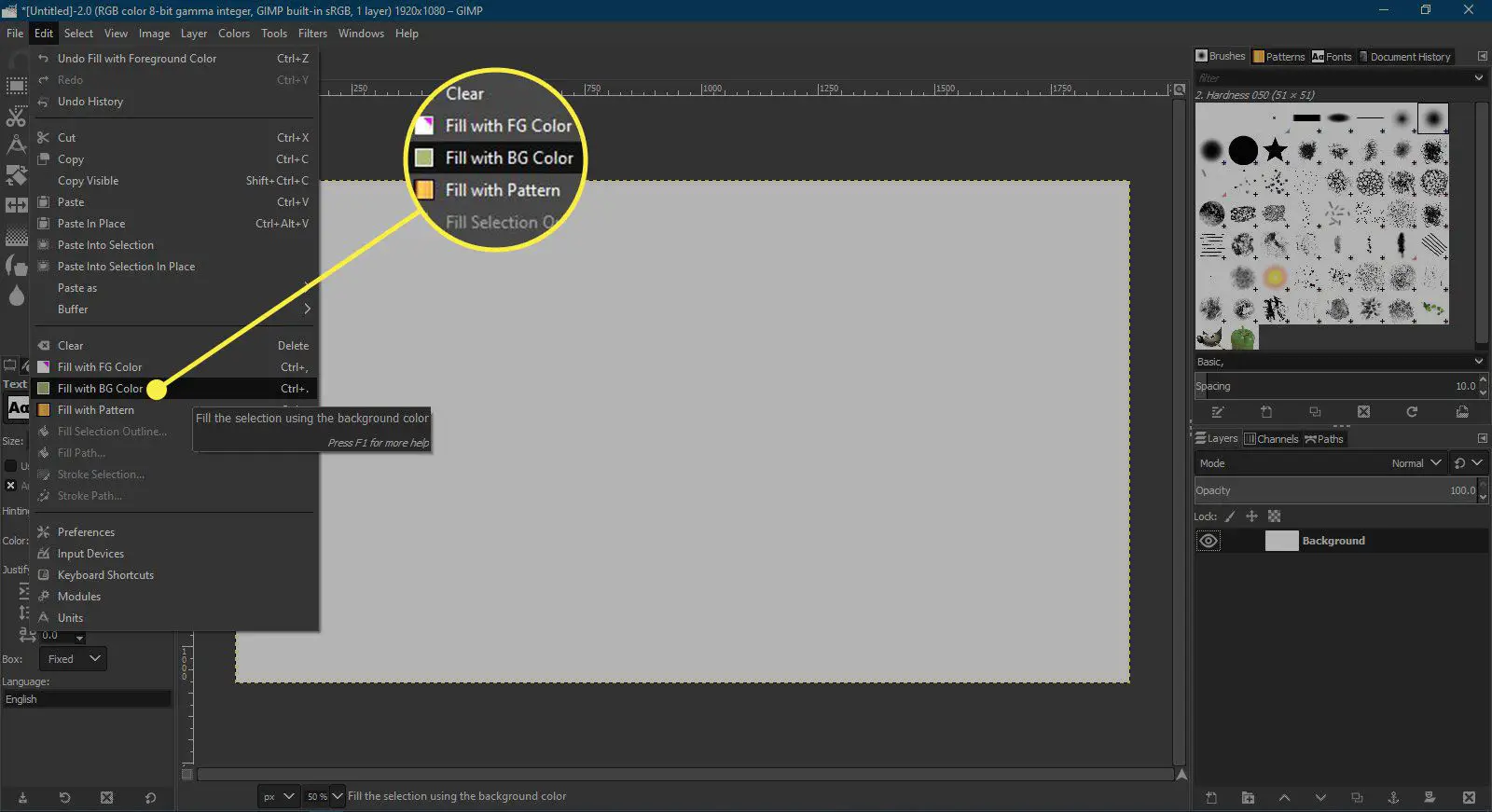 Uma captura de tela do GIMP com o comando Preencher com BG Color destacado