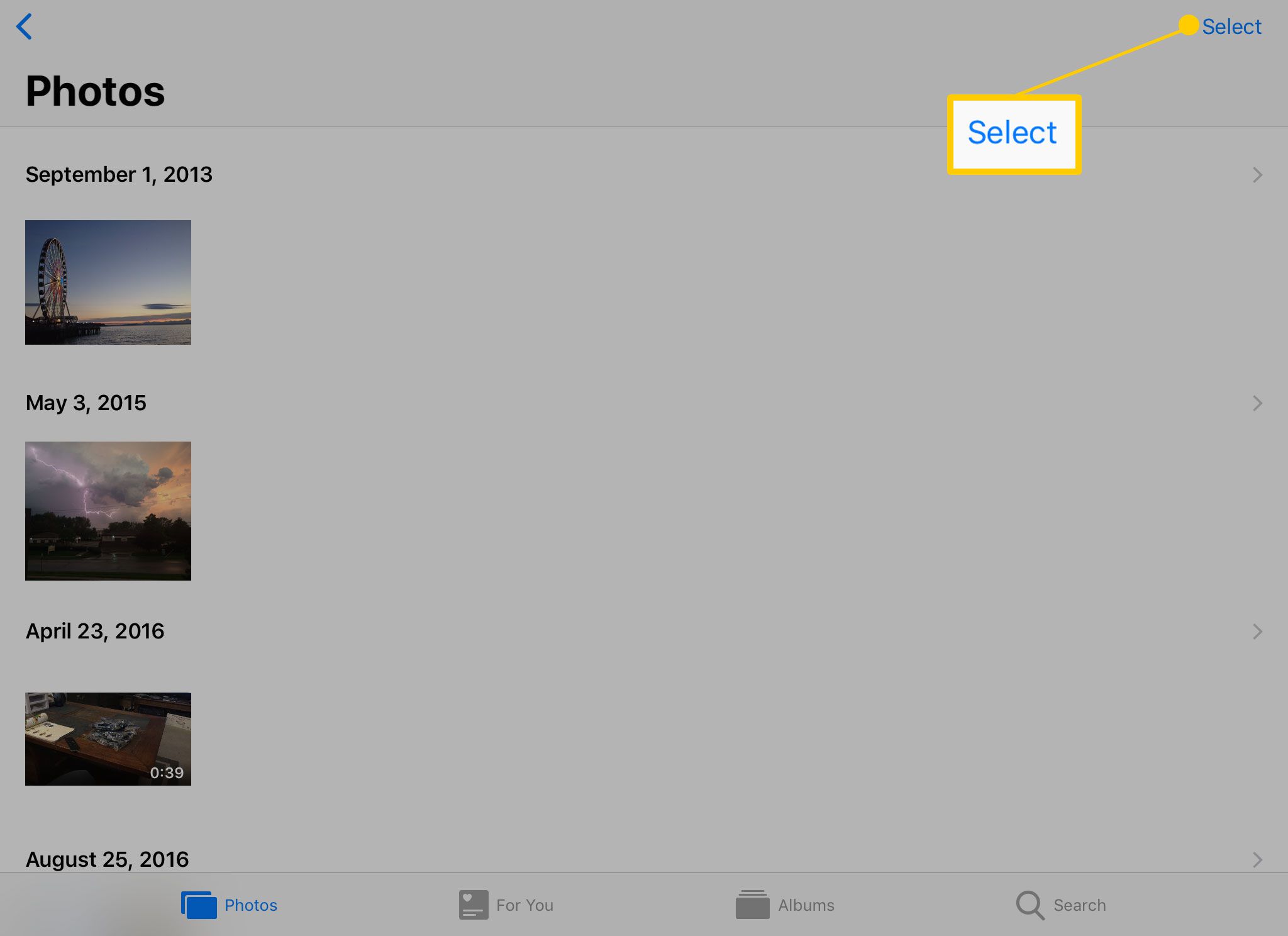 Aplicativo de fotos no iPad
