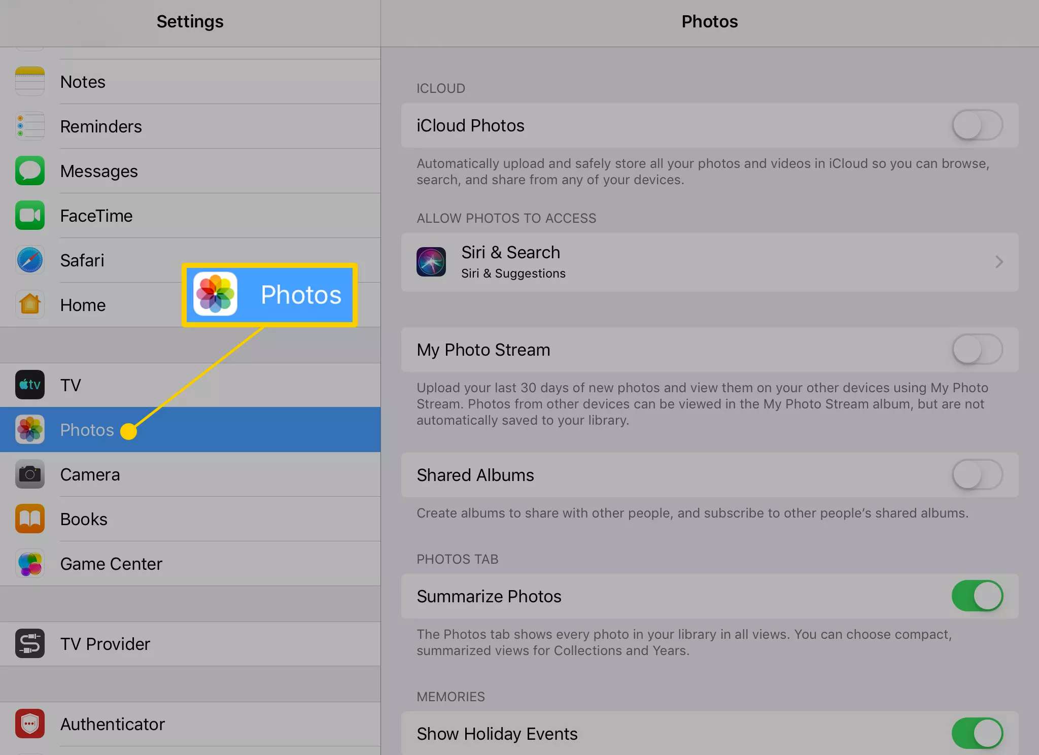 Configurações do iPad mostrando a opção Fotos