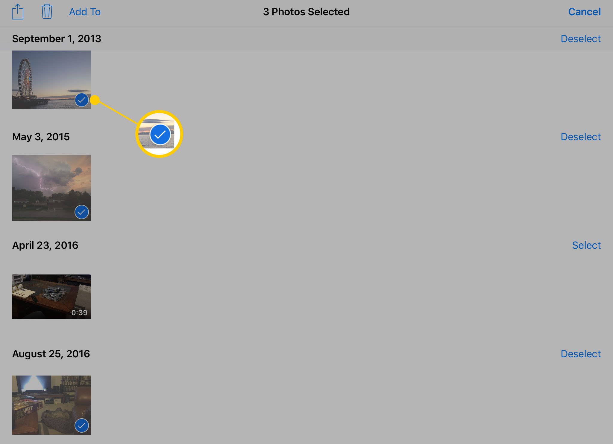 Seleção de fotos no iPad