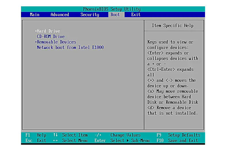 Captura de tela de um menu de inicialização do utilitário de configuração do BIOS
