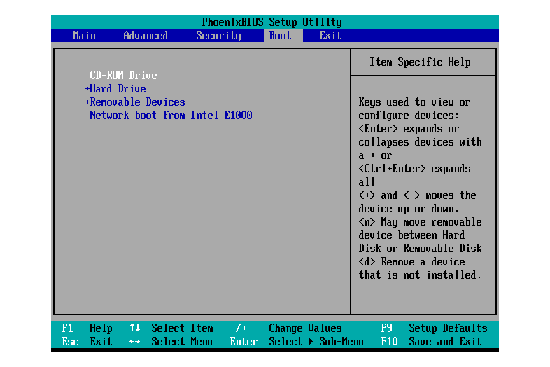 Captura de tela de um menu de inicialização do BIOS Setup Utility