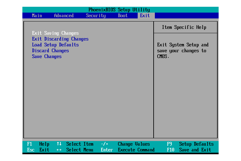 Captura de tela de um menu de saída do BIOS Setup Utility