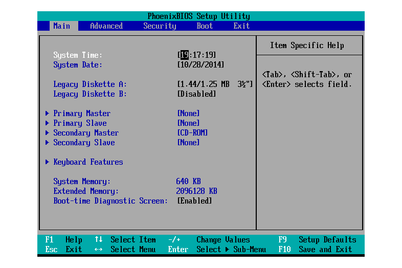 Captura de tela do menu principal do BIOS Setup Utility