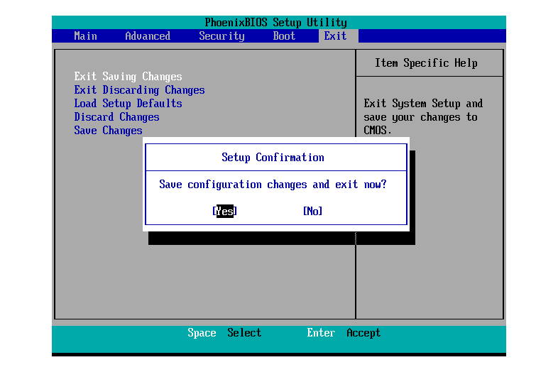 Captura de tela de confirmação de salvamento e saída do utilitário de configuração do BIOS