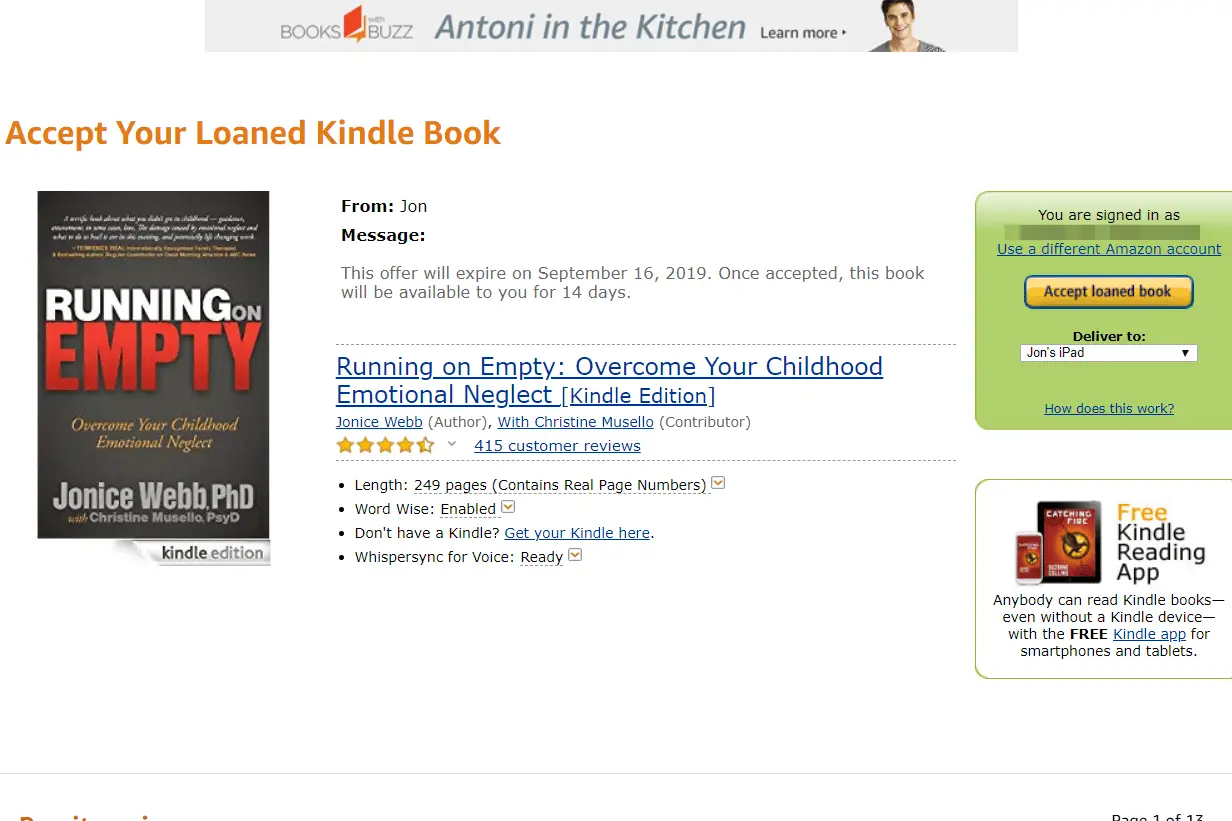 Aceite a página de seu livro Kindle emprestado na Amazon