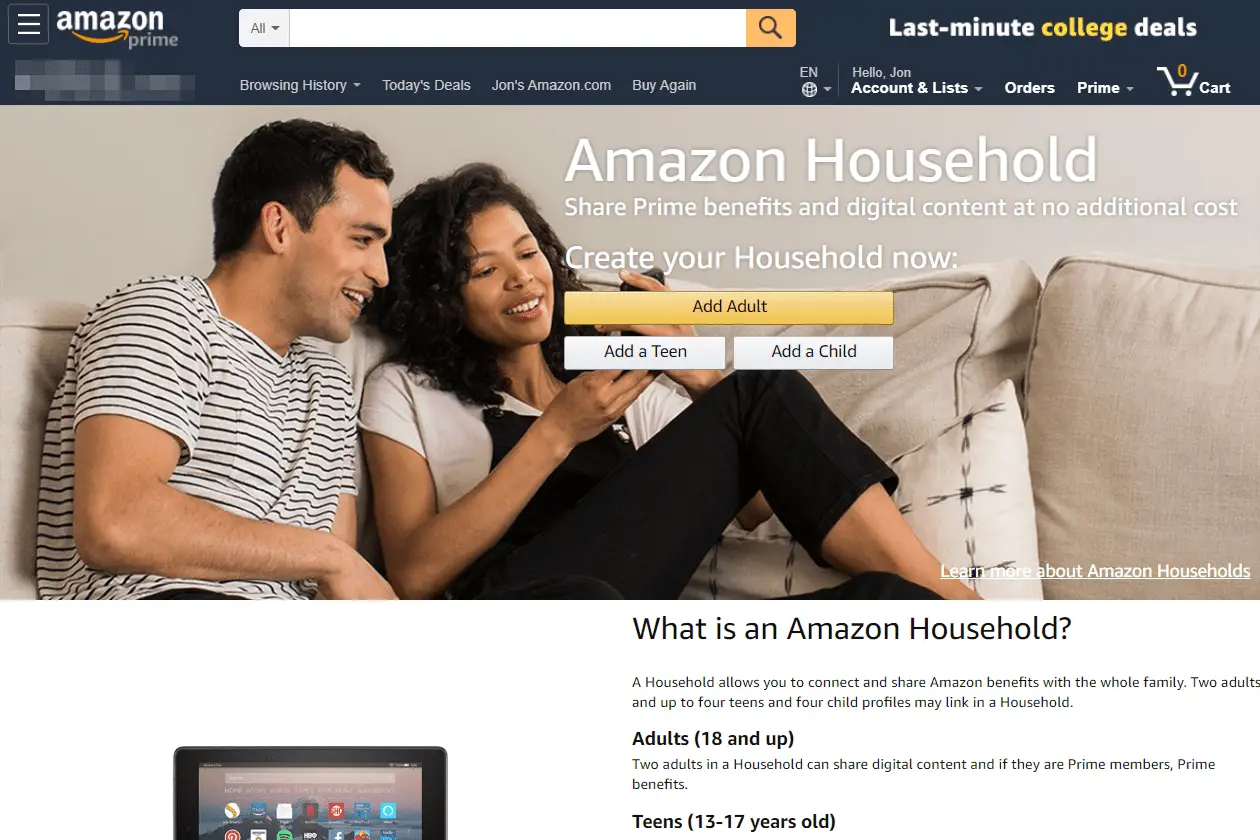 Amazon Household adicionar botão adulto