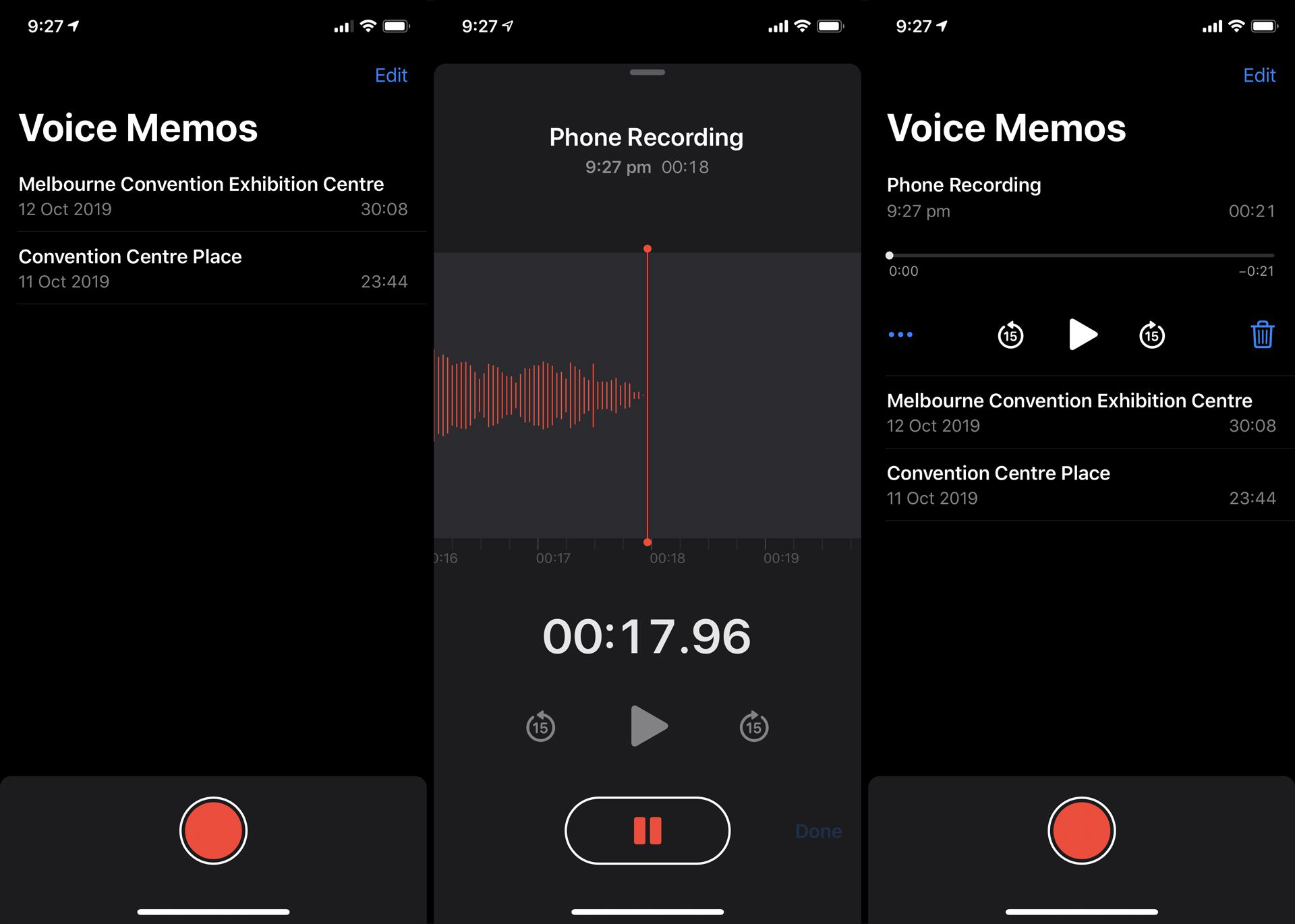 O aplicativo Voice Memos da Apple grava uma chamada telefônica.