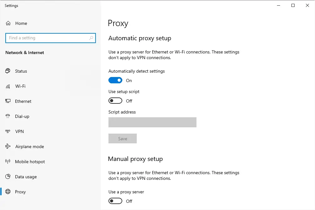 Configurações de proxy no Windows 10