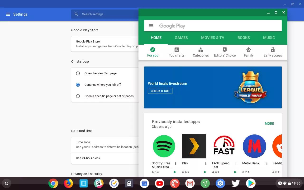 Captura de tela mostrando a Google Play Store em execução no Chrome OS