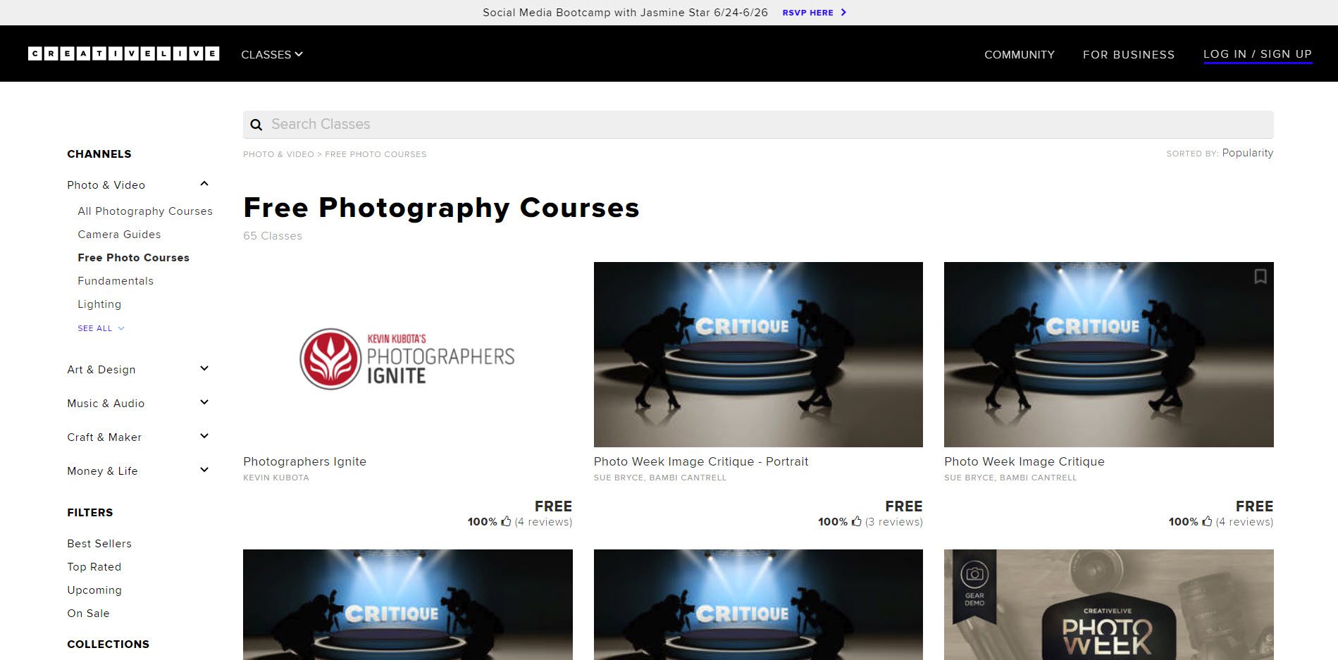 O site CreativeLive para aulas de fotografia gratuitas.