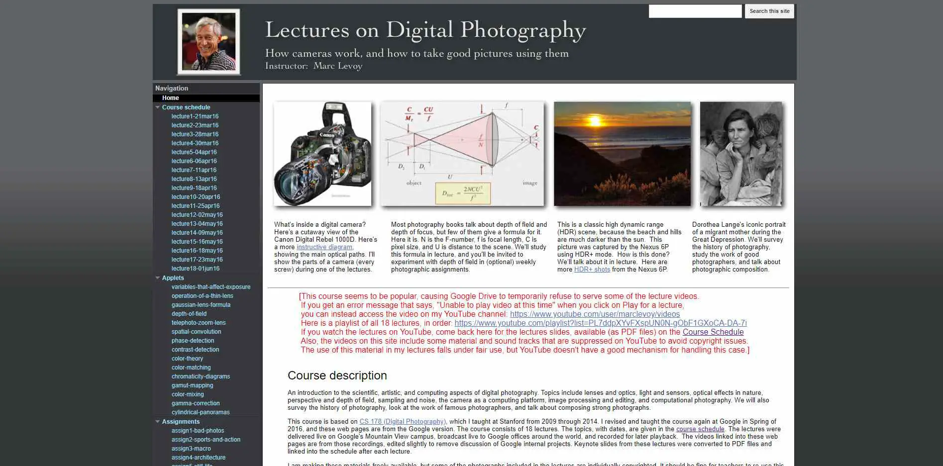 A página da aula de Palestras sobre Fotografia Digital.
