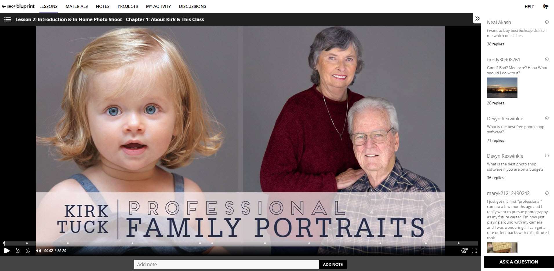 A página da web da aula de fotografia Professional Family Portraits.