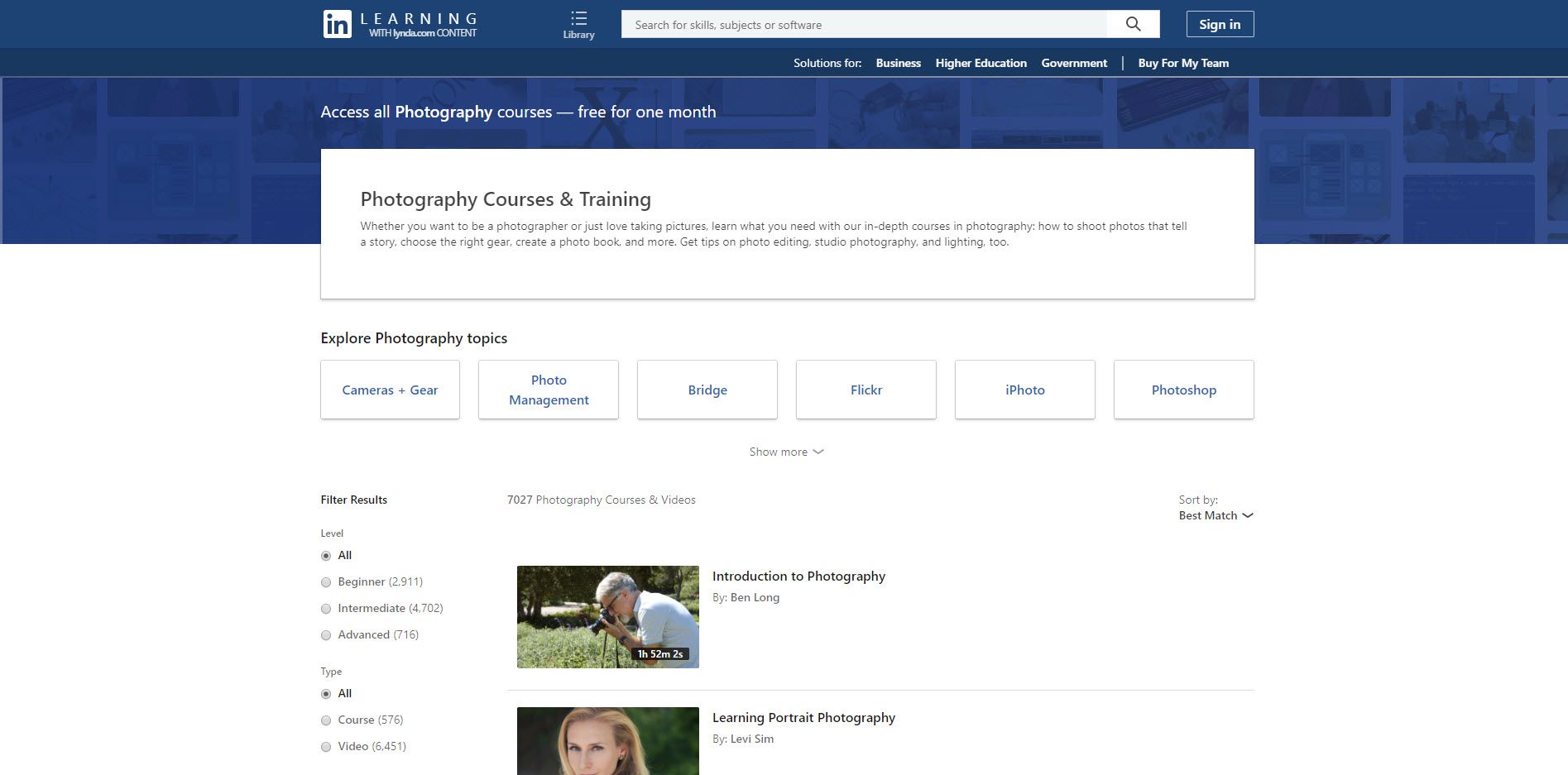 O site LinkedIn Learning para cursos e treinamento de fotografia.